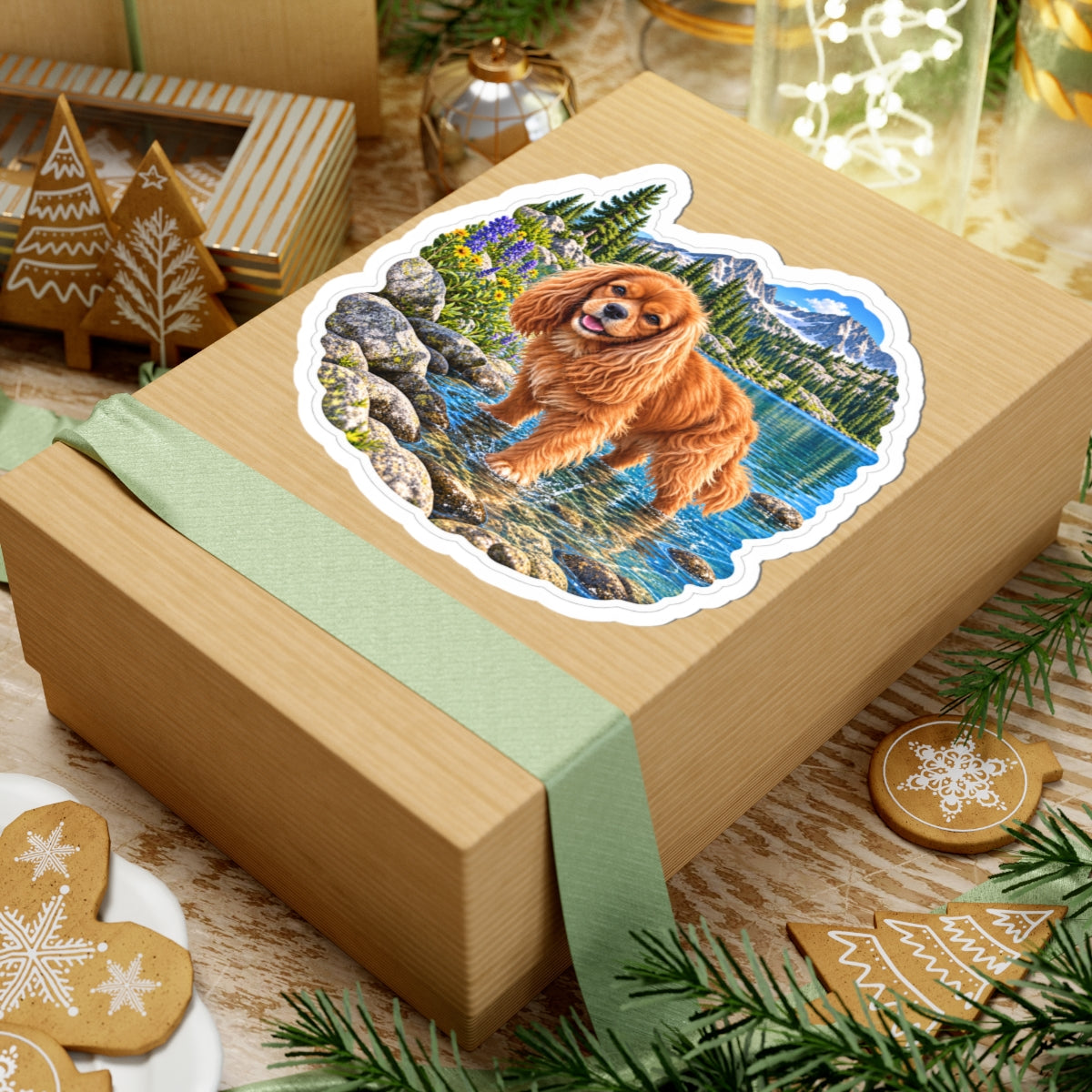 Cavy Snuggle Club alpine lake sticker featuring Willow, a ruby Cavalier King Charles Spaniel, shown in a product mockup.