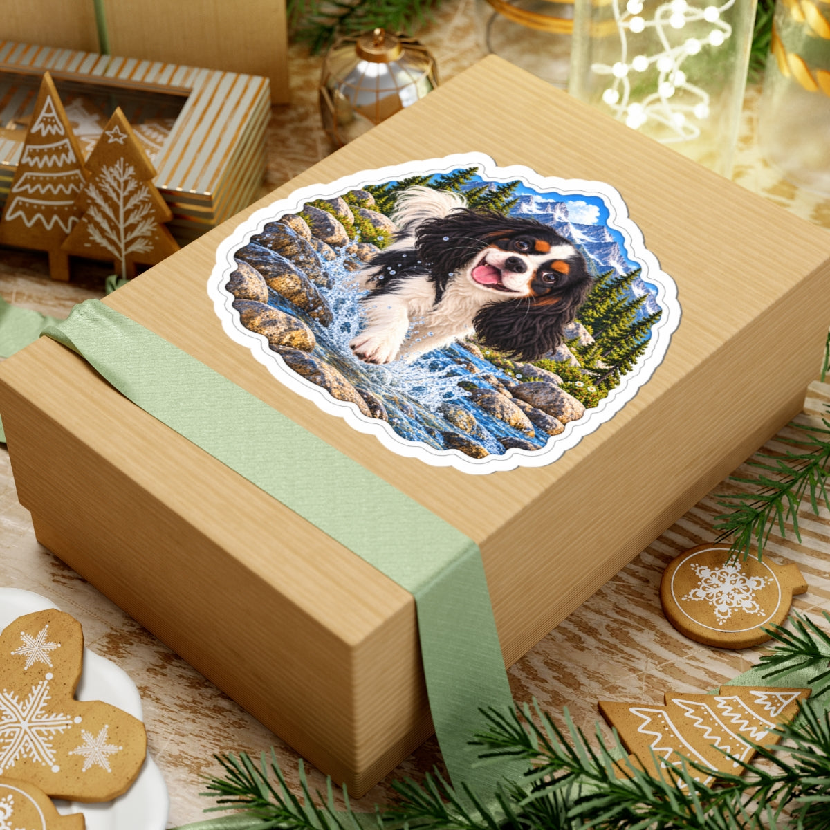 Cavy Play Mode mountain river sticker featuring Rowan, a tricolor Cavalier King Charles Spaniel, shown in a product mockup.
