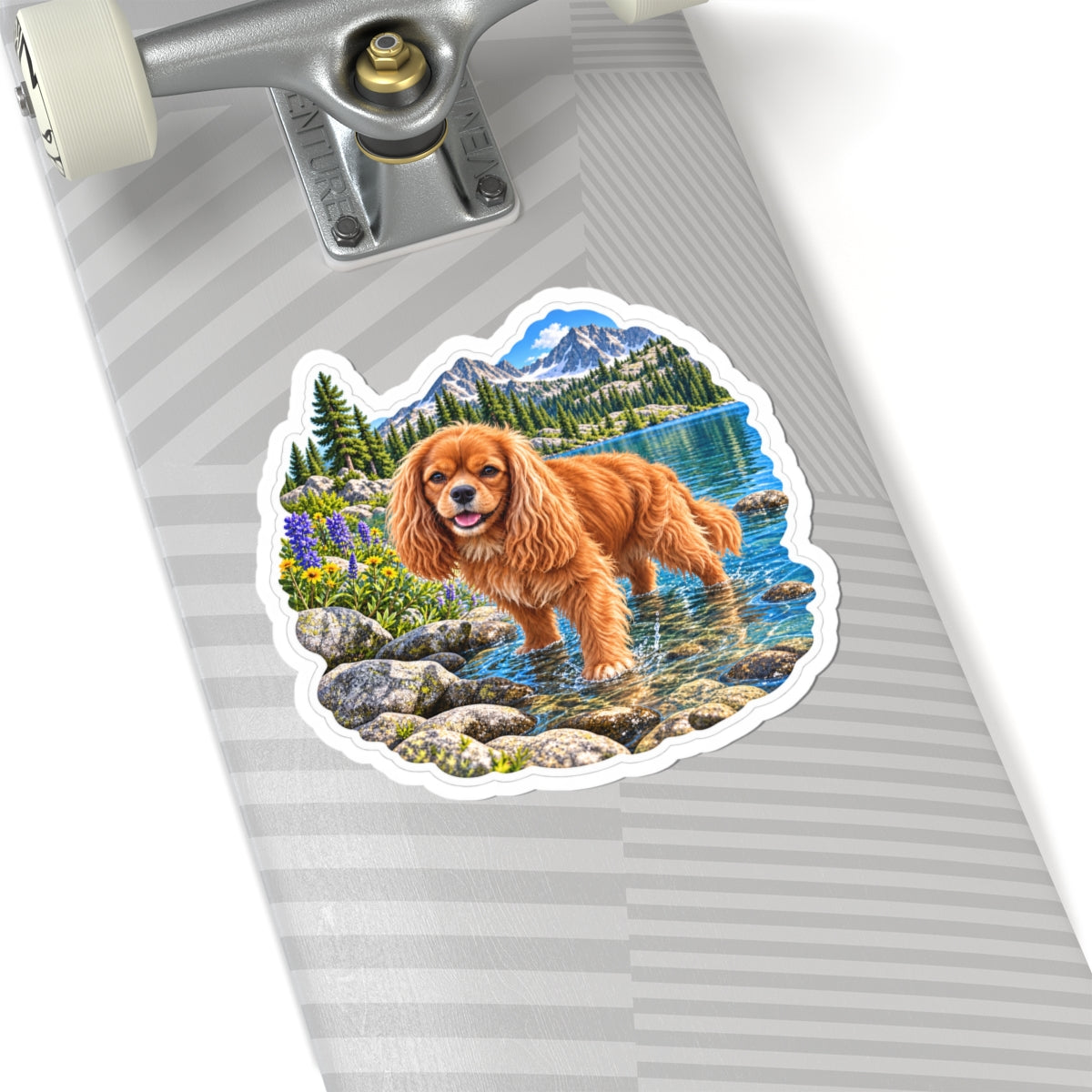 Cavy Snuggle Club alpine lake sticker featuring Willow, a ruby Cavalier King Charles Spaniel, shown in a product mockup.