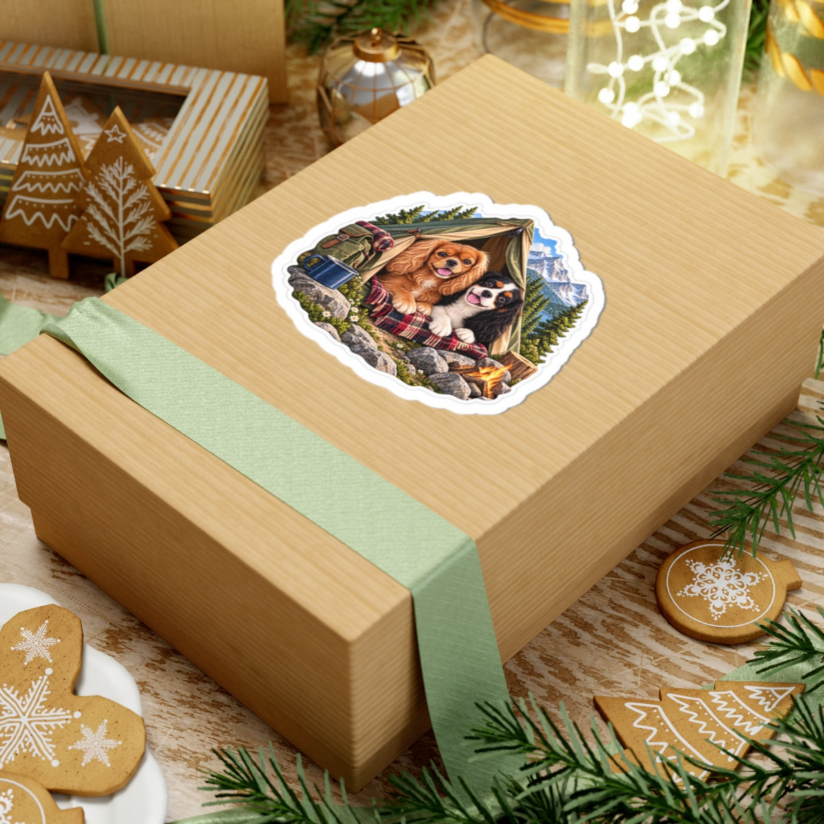 Better Together camping sticker featuring Willow and Rowan, ruby and tricolor Cavalier King Charles Spaniels, shown in a product mockup.