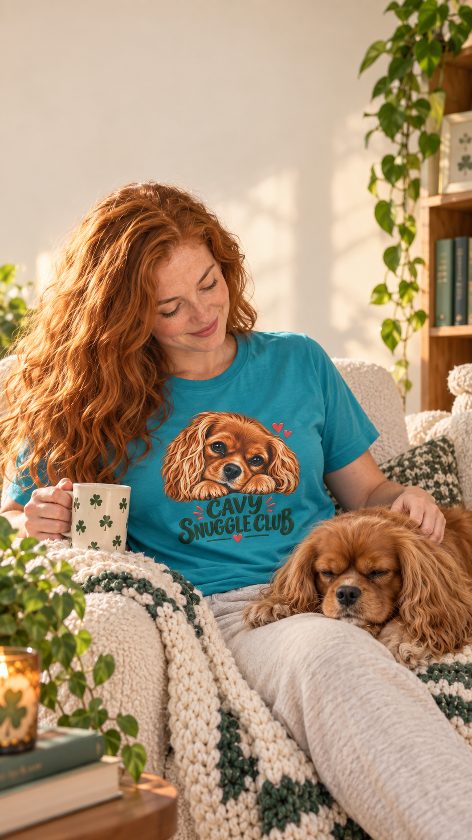 Model wearing the tropical blue Cavy Snuggle Club T-shirt featuring Willow, a ruby Cavalier King Charles Spaniel.