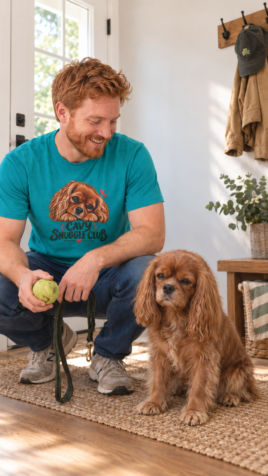 Model wearing the tropical blue Cavy Snuggle Club T-shirt featuring Willow, a ruby Cavalier King Charles Spaniel.