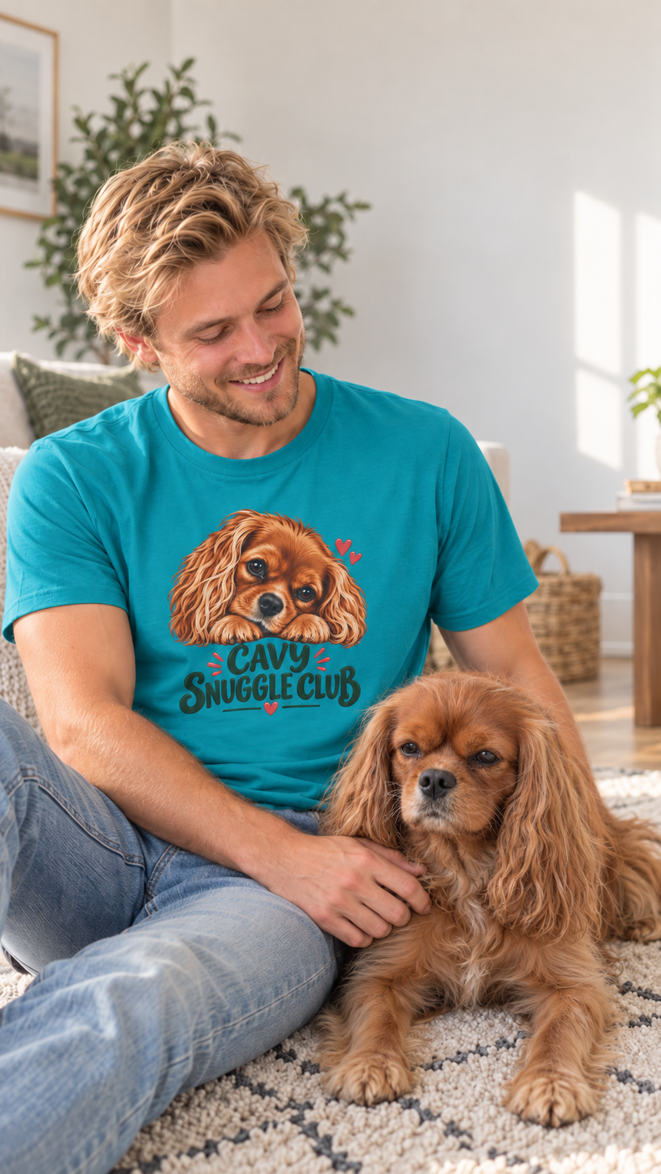 Model wearing the tropical blue Cavy Snuggle Club T-shirt featuring Willow, a ruby Cavalier King Charles Spaniel.