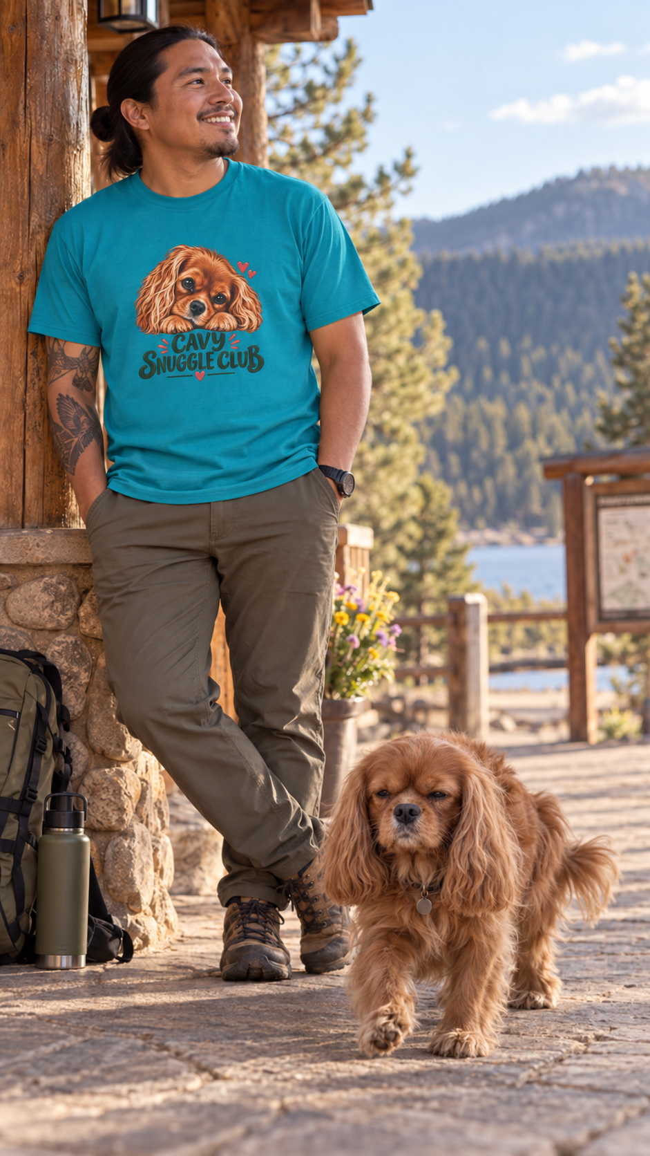 Model wearing the tropical blue Cavy Snuggle Club T-shirt featuring Willow, a ruby Cavalier King Charles Spaniel.
