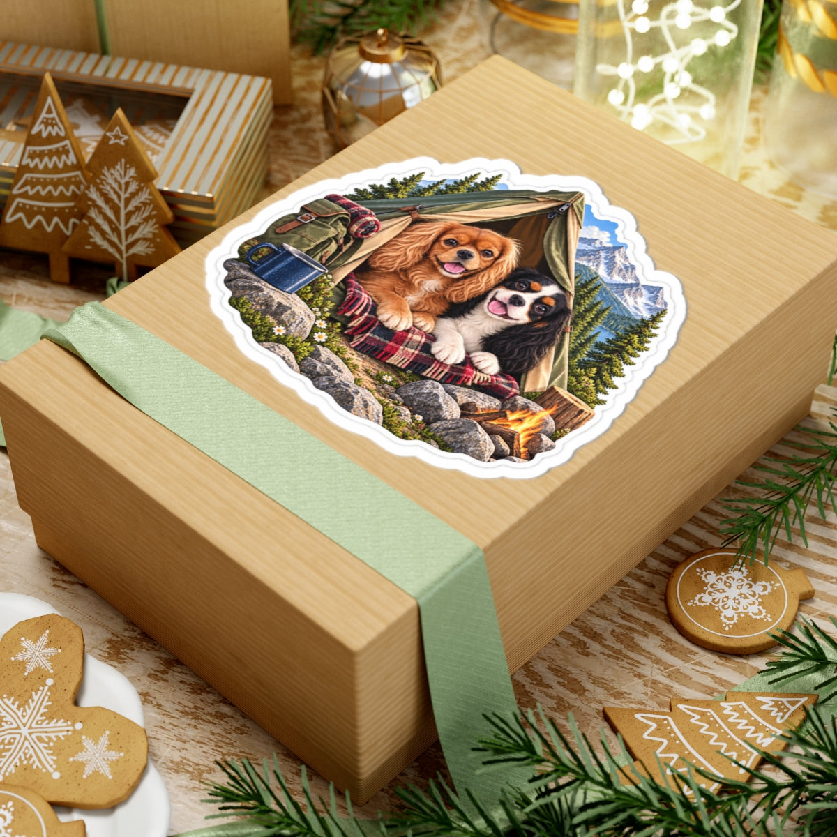 Better Together camping sticker featuring Willow and Rowan, ruby and tricolor Cavalier King Charles Spaniels, shown in a product mockup.
