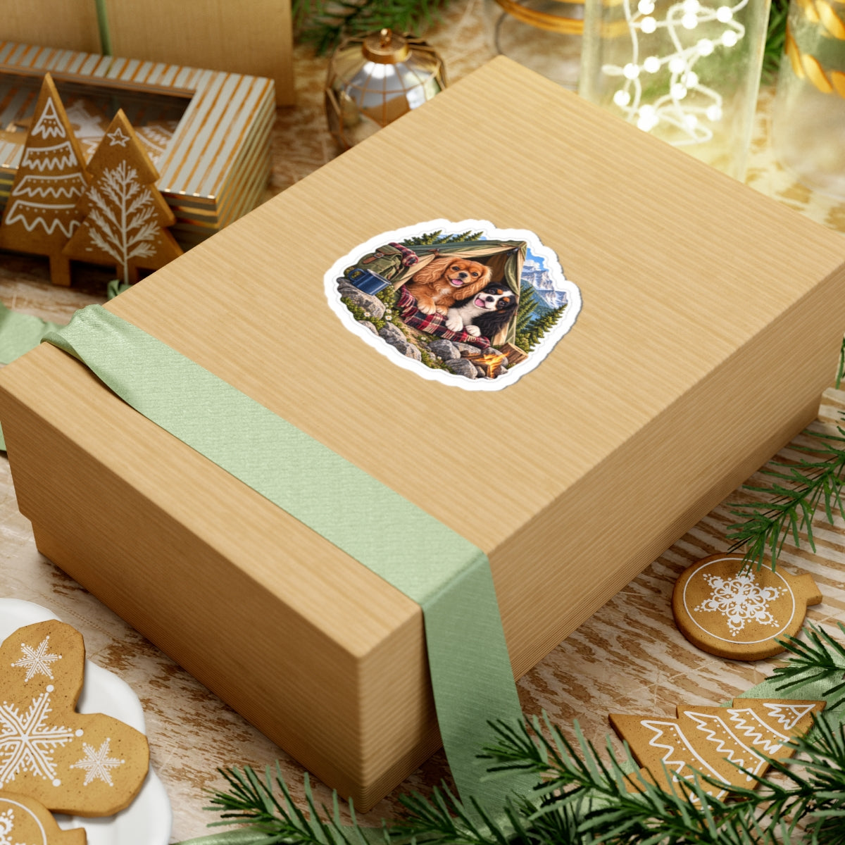 Better Together camping sticker featuring Willow and Rowan, ruby and tricolor Cavalier King Charles Spaniels, shown in a product mockup.