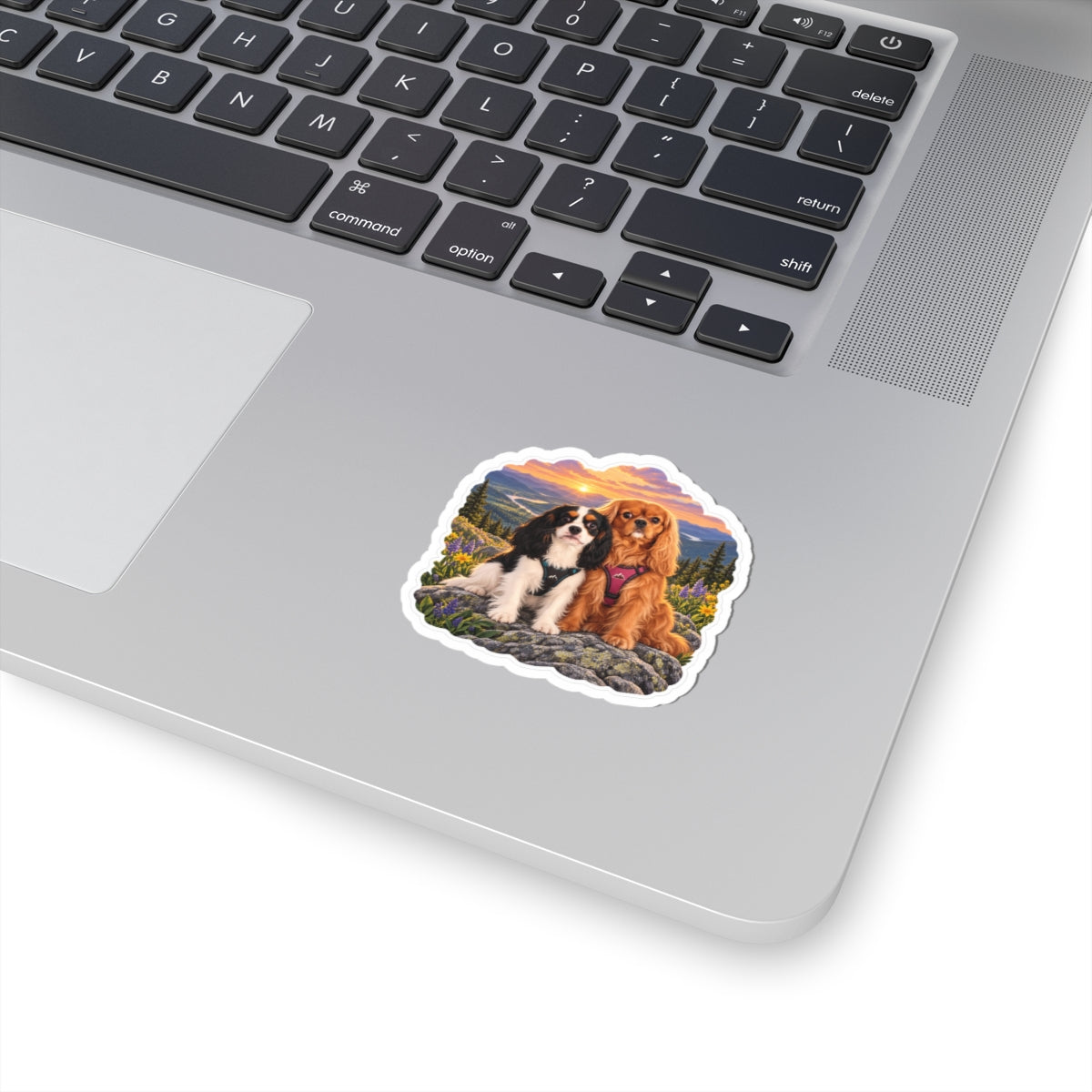 Better Together sunset sticker featuring Willow and Rowan, ruby and tricolor Cavalier King Charles Spaniels, shown in a product mockup.