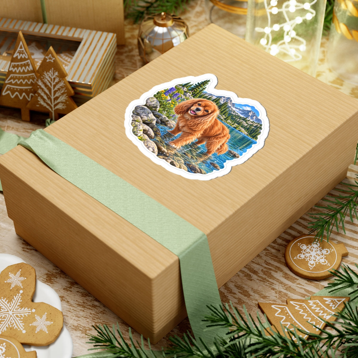 Cavy Snuggle Club alpine lake sticker featuring Willow, a ruby Cavalier King Charles Spaniel, shown in a product mockup.