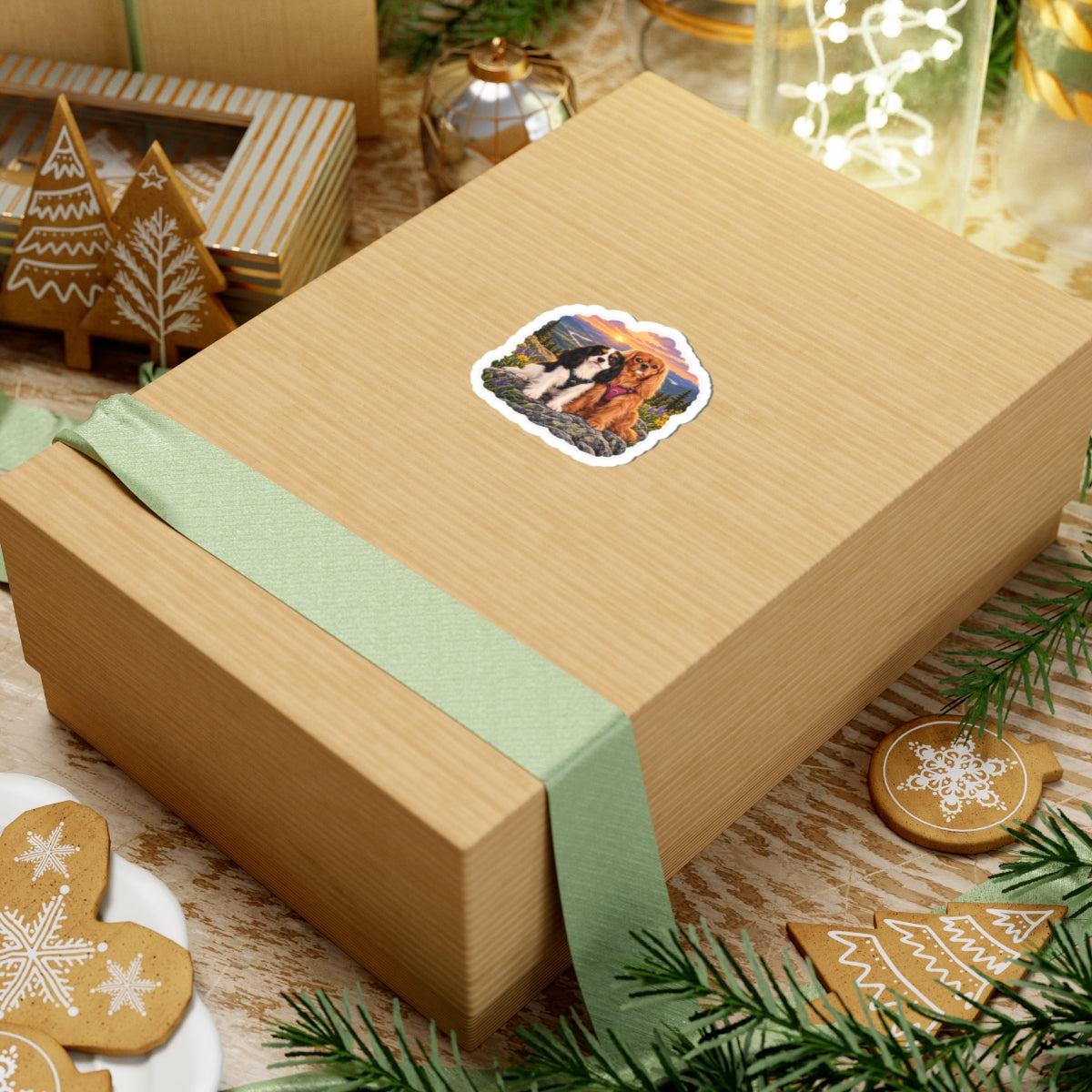 Better Together sunset sticker featuring Willow and Rowan, ruby and tricolor Cavalier King Charles Spaniels, shown in a product mockup.