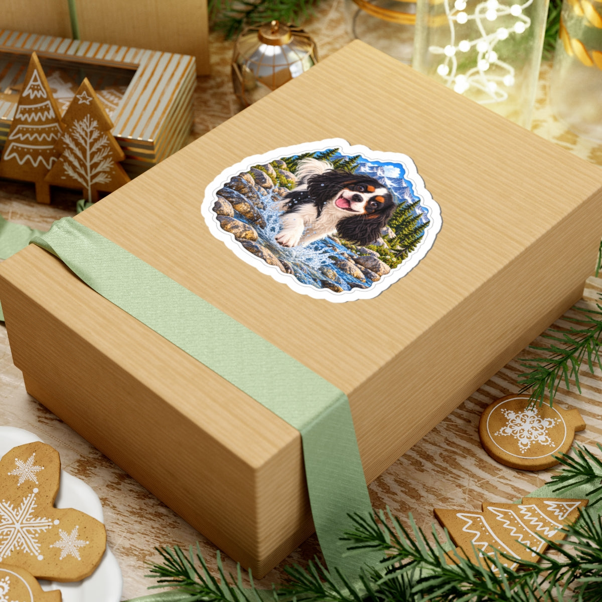 Cavy Play Mode mountain river sticker featuring Rowan, a tricolor Cavalier King Charles Spaniel, shown in a product mockup.