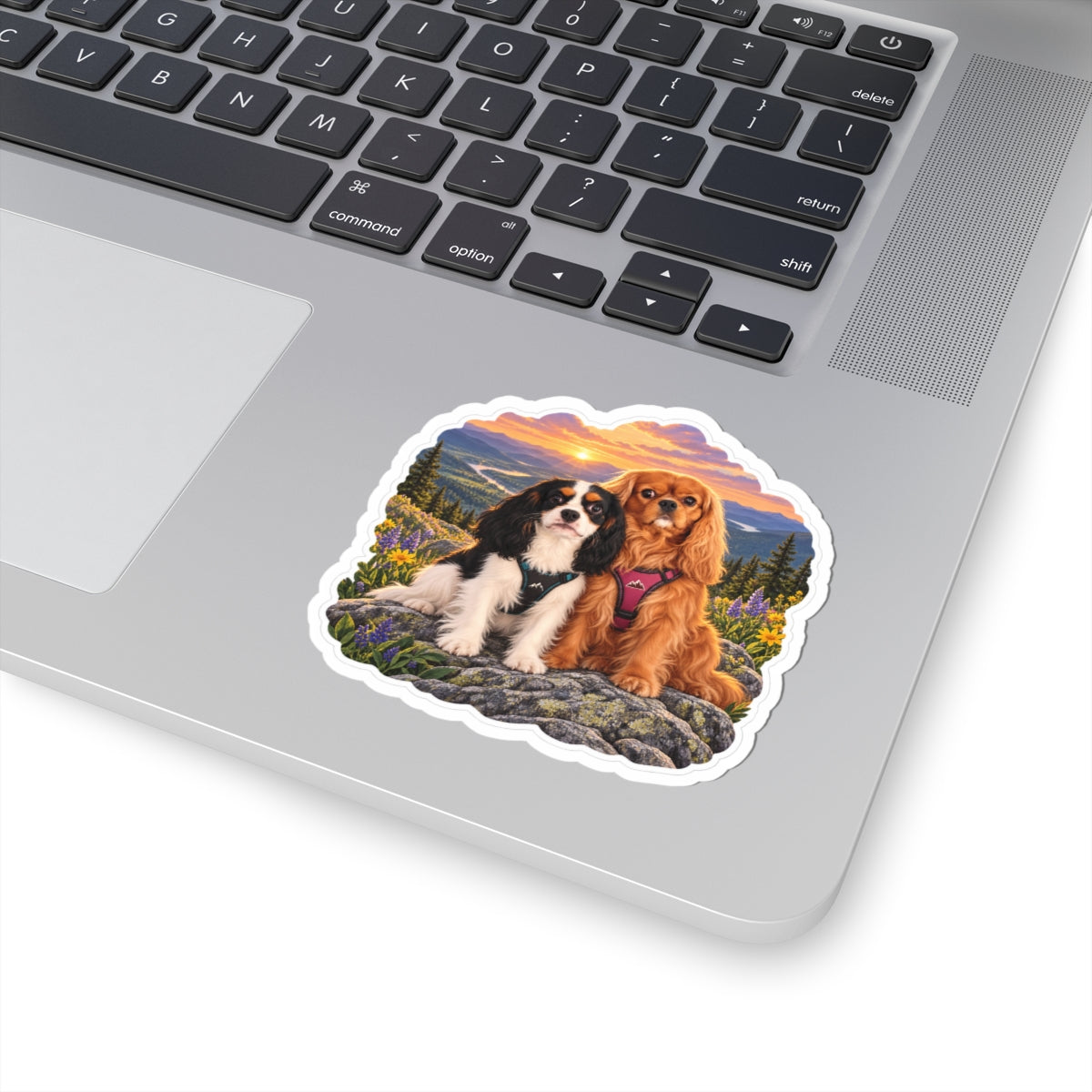 Better Together sunset sticker featuring Willow and Rowan, ruby and tricolor Cavalier King Charles Spaniels, shown in a product mockup.