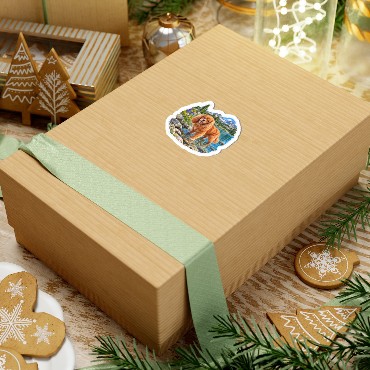 Cavy Snuggle Club alpine lake sticker featuring Willow, a ruby Cavalier King Charles Spaniel, shown in a product mockup.