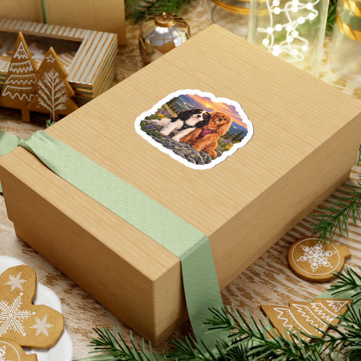 Better Together sunset sticker featuring Willow and Rowan, ruby and tricolor Cavalier King Charles Spaniels, shown in a product mockup.