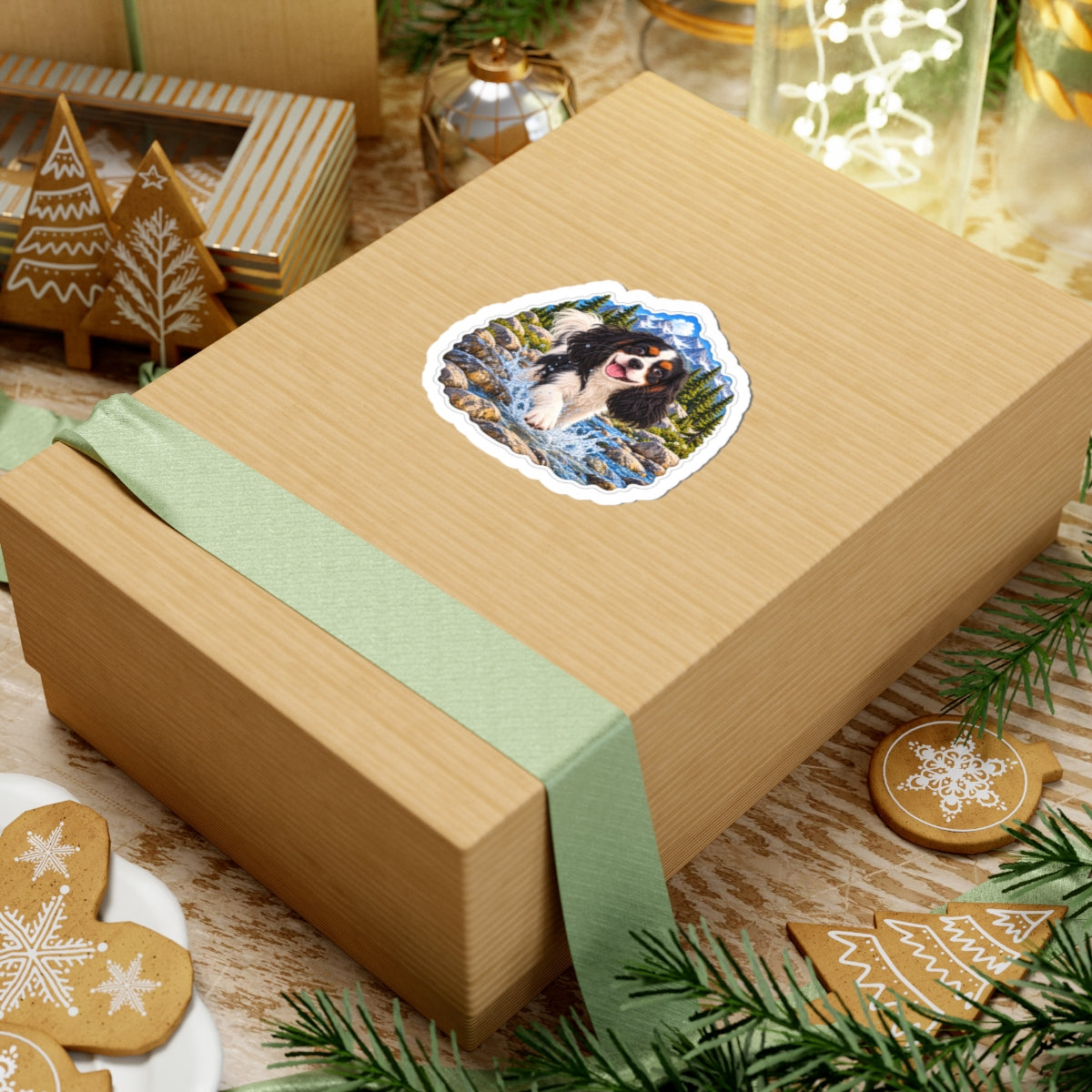 Cavy Play Mode mountain river sticker featuring Rowan, a tricolor Cavalier King Charles Spaniel, shown in a product mockup.