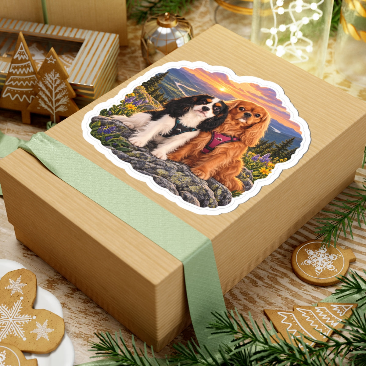 Better Together sunset sticker featuring Willow and Rowan, ruby and tricolor Cavalier King Charles Spaniels, shown in a product mockup.