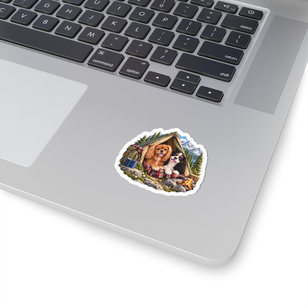 Better Together camping sticker featuring Willow and Rowan, ruby and tricolor Cavalier King Charles Spaniels, shown in a product mockup.