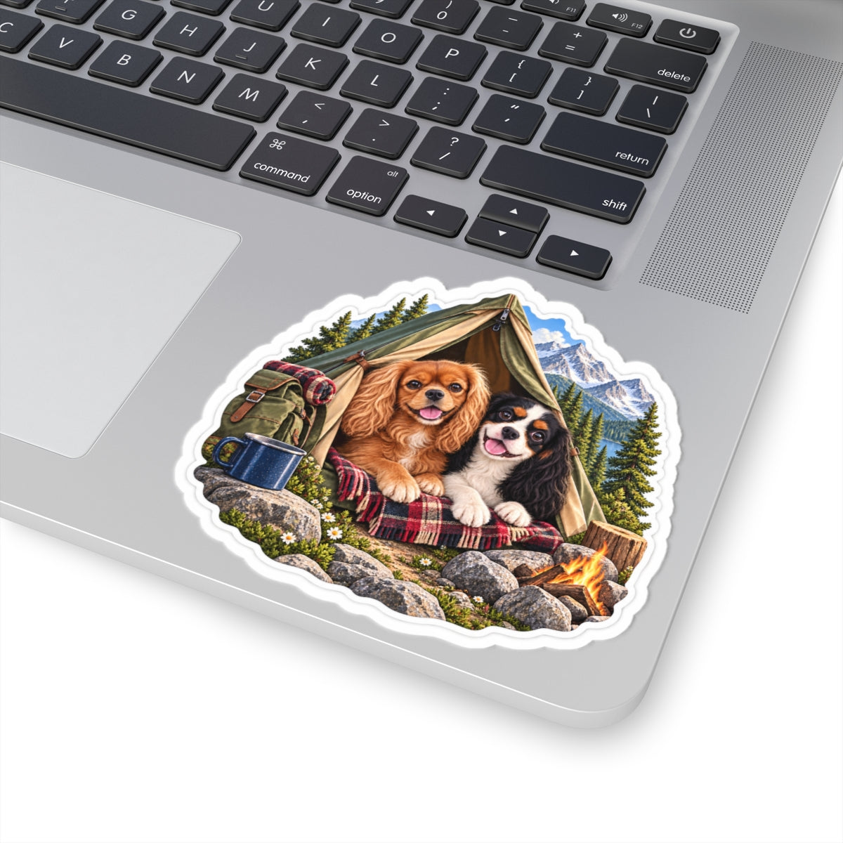Better Together camping sticker featuring Willow and Rowan, ruby and tricolor Cavalier King Charles Spaniels, shown in a product mockup.