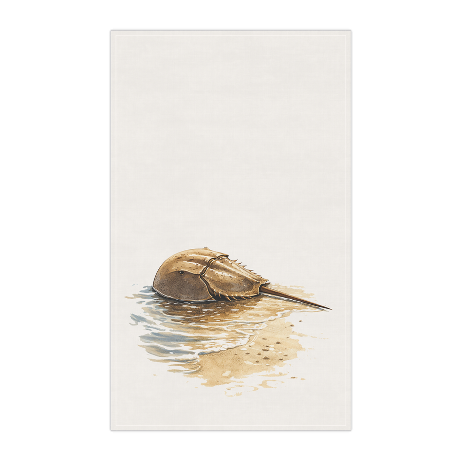 Horseshoe crab on the shoreline illustrated on a cotton tea towel