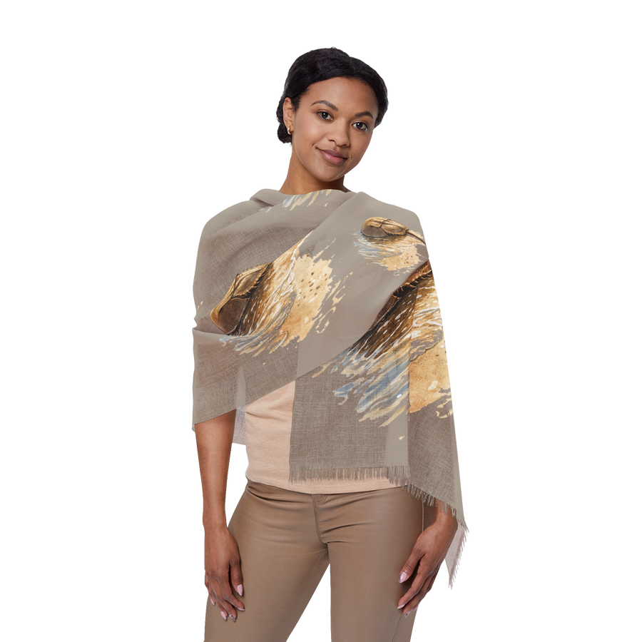 Remi Coastal Stillness wrap modeled as a lightweight coastal-inspired scarf
