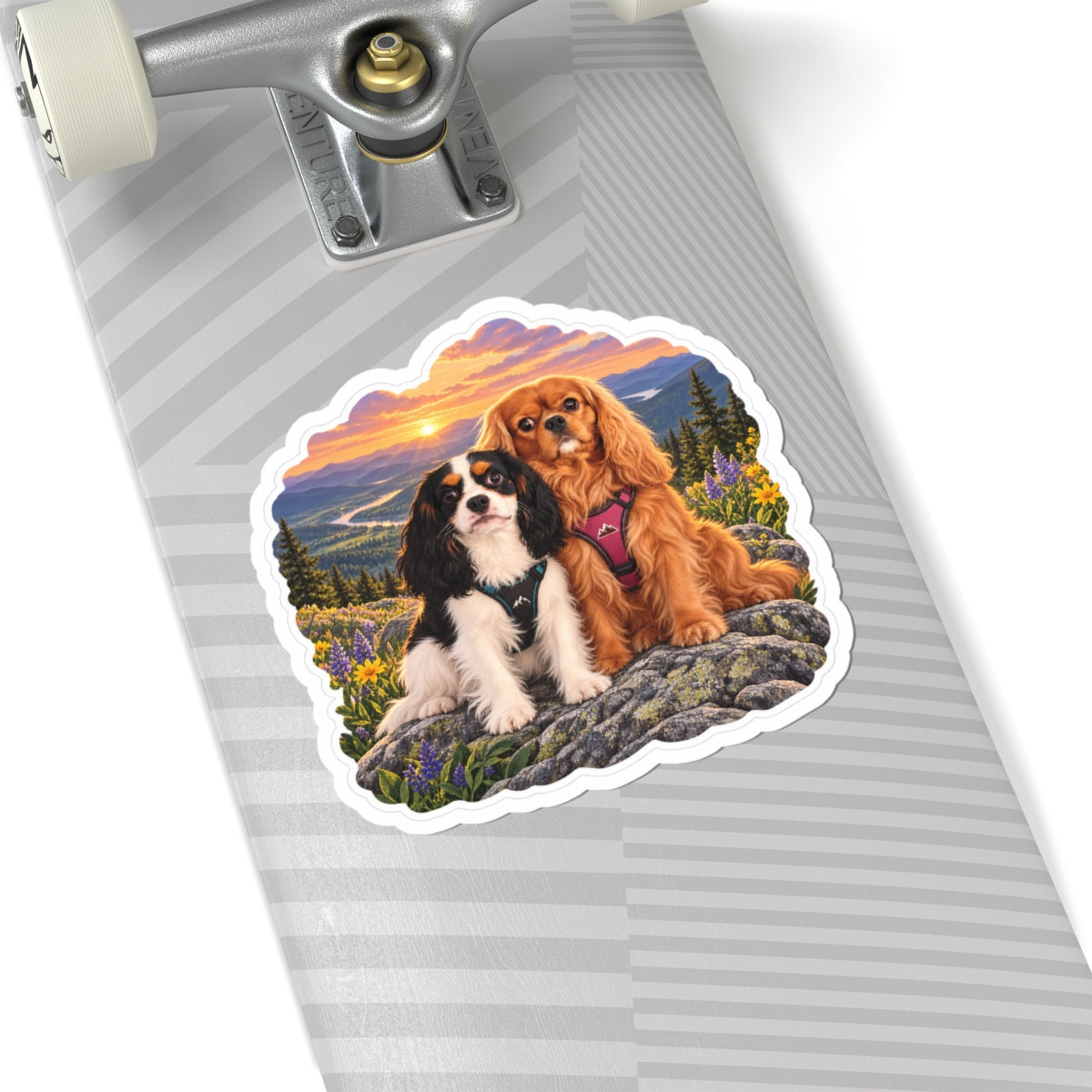 Better Together sunset sticker featuring Willow and Rowan, ruby and tricolor Cavalier King Charles Spaniels, shown in a product mockup.