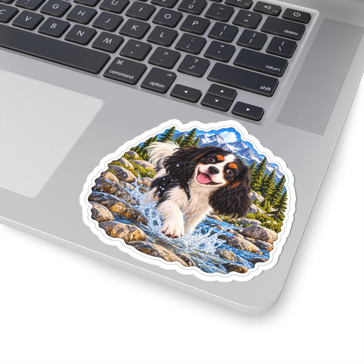Cavy Play Mode mountain river sticker featuring Rowan, a tricolor Cavalier King Charles Spaniel, shown in a product mockup.