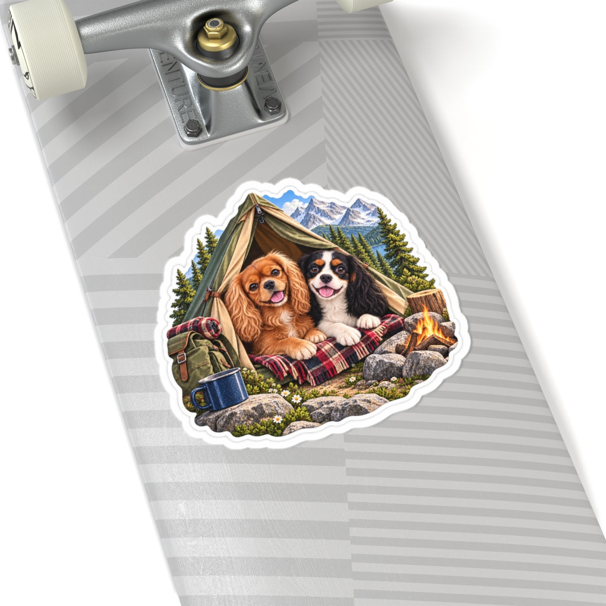 Better Together camping sticker featuring Willow and Rowan, ruby and tricolor Cavalier King Charles Spaniels, shown in a product mockup.