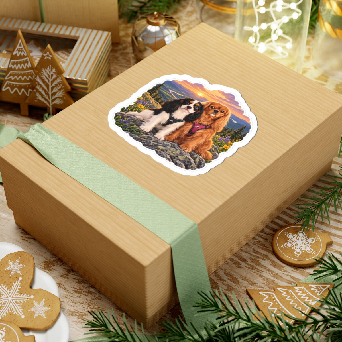 Better Together sunset sticker featuring Willow and Rowan, ruby and tricolor Cavalier King Charles Spaniels, shown in a product mockup.