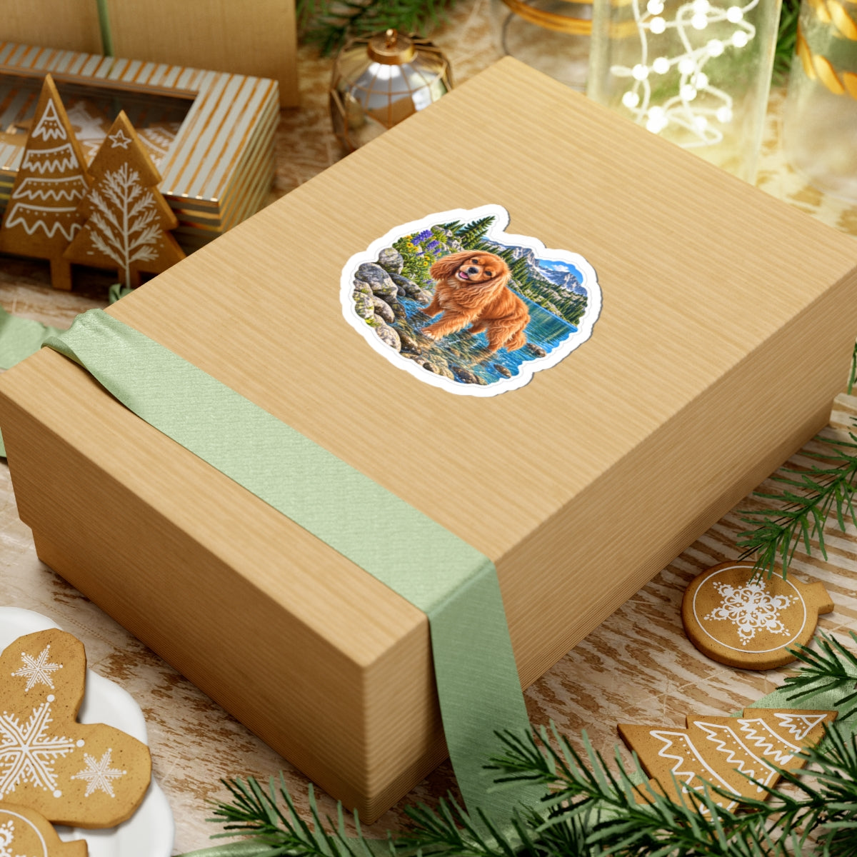 Cavy Snuggle Club alpine lake sticker featuring Willow, a ruby Cavalier King Charles Spaniel, shown in a product mockup.
