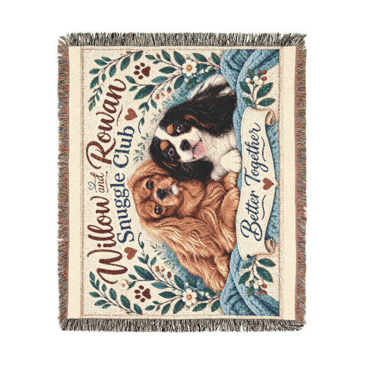 Willow & Rowan Cavalier blanket shown vertically, with the full front design and colorful fringe.