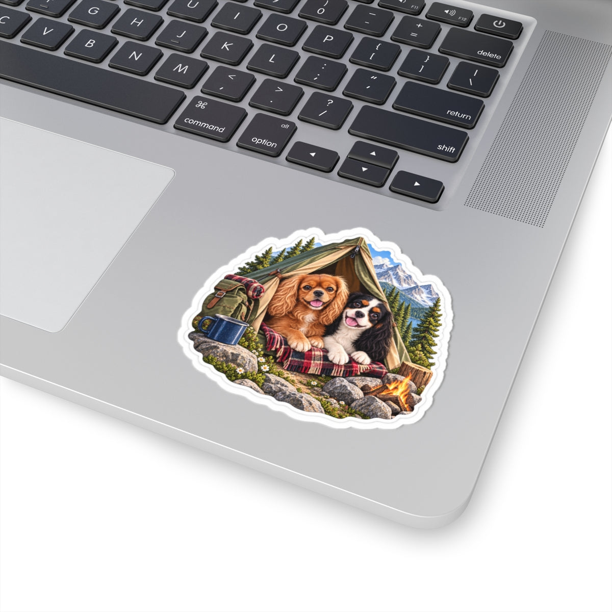 Better Together camping sticker featuring Willow and Rowan, ruby and tricolor Cavalier King Charles Spaniels, shown in a product mockup.