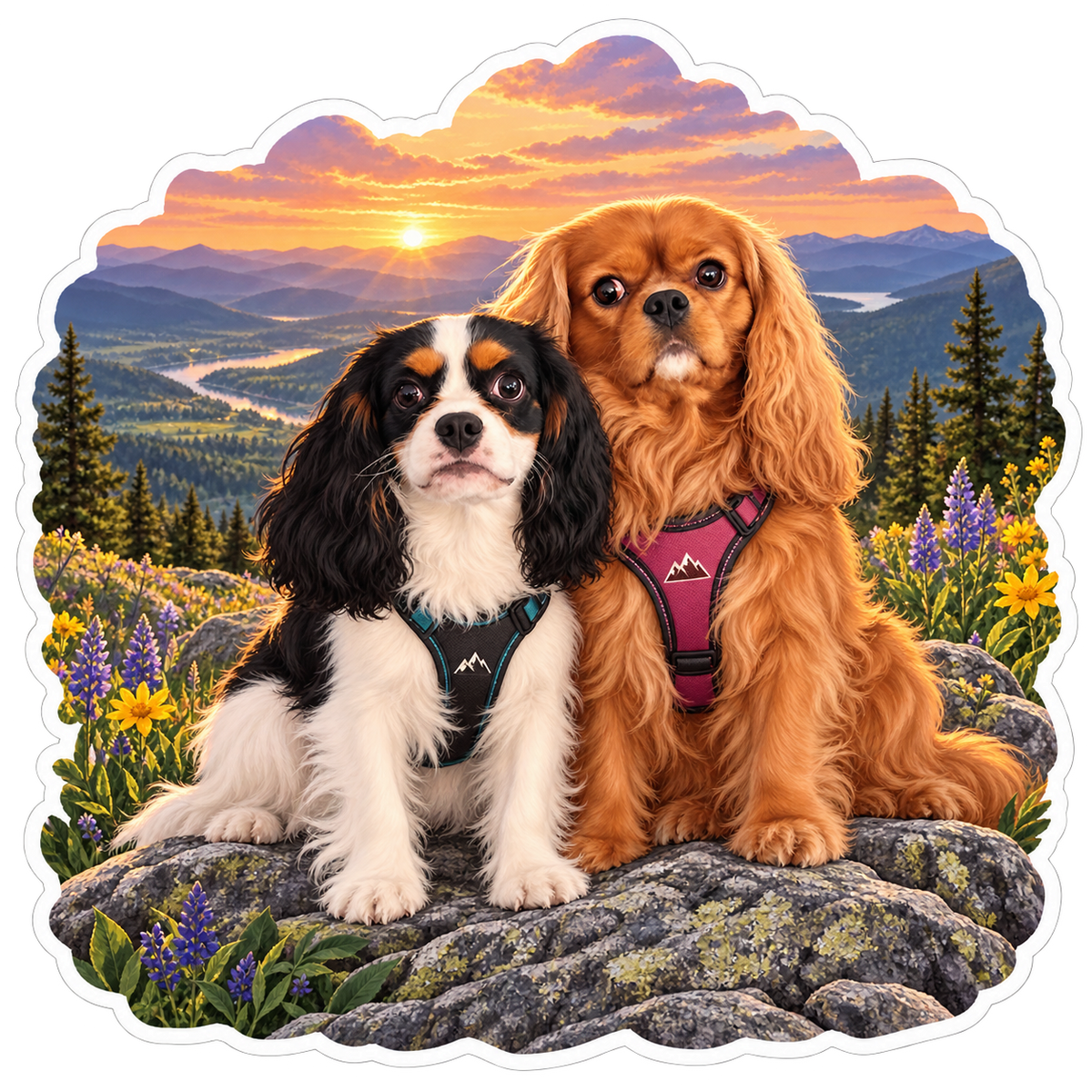 Willow, a ruby Cavalier, and Rowan, a tricolor Cavalier King Charles Spaniel, together at sunset in the Better Together sticker artwork.