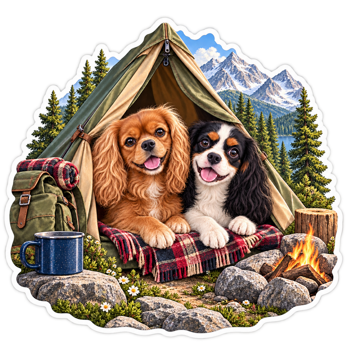Willow, a ruby Cavalier, and Rowan, a tricolor Cavalier King Charles Spaniel, camping together beside a tent in the Better Together sticker artwork.