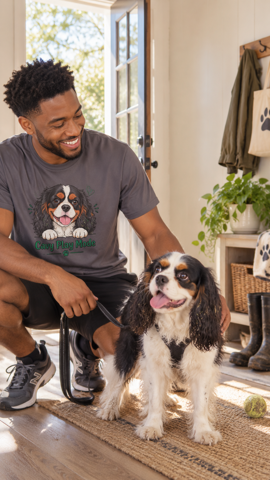 Cavy Play Mode charcoal T-shirt with tricolor Cavalier King Charles Spaniel design, worn on body