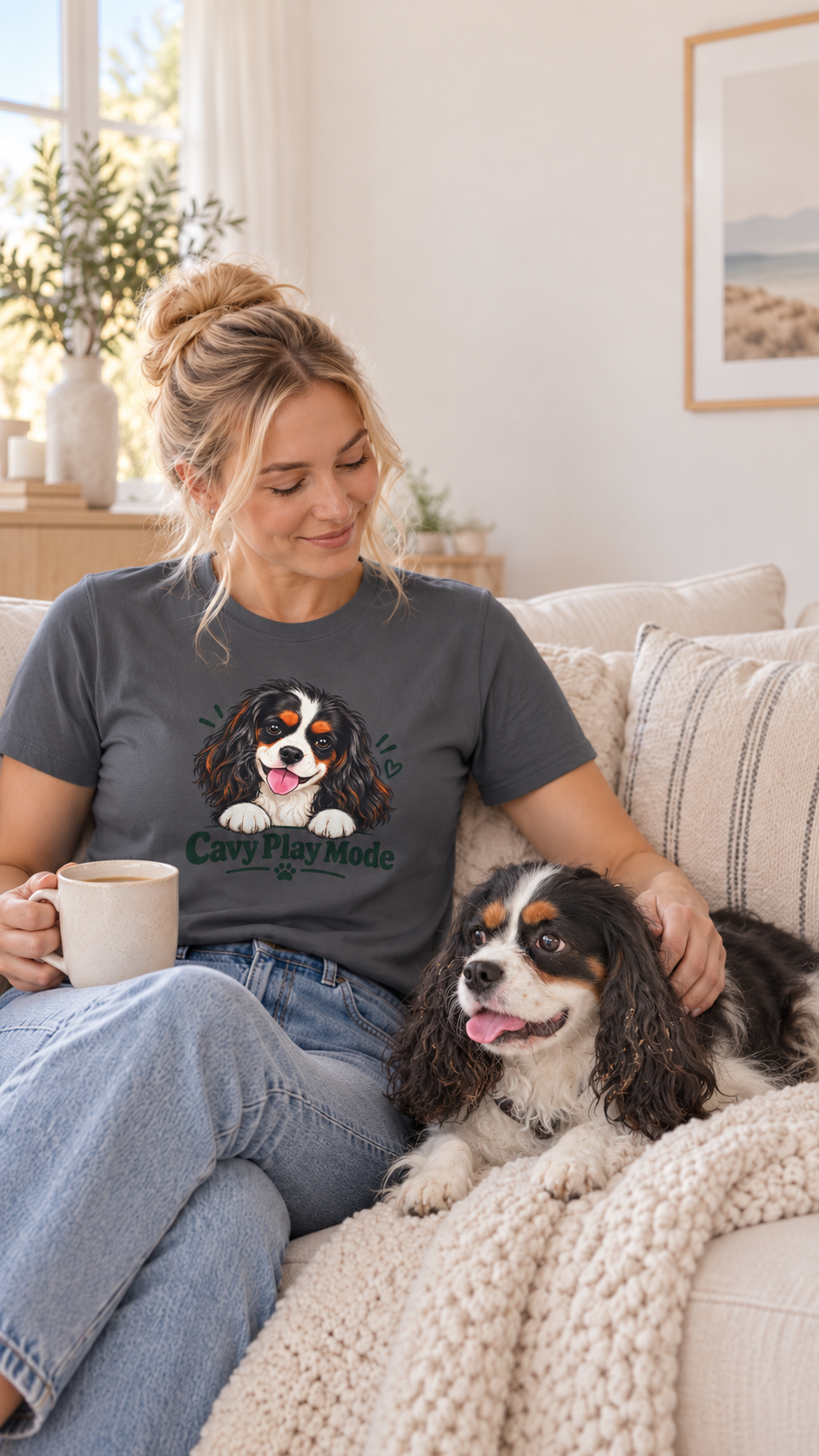 Cavy Play Mode charcoal T-shirt with tricolor Cavalier King Charles Spaniel design, worn on body