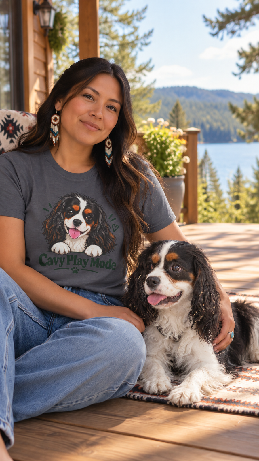 Cavy Play Mode charcoal T-shirt with tricolor Cavalier King Charles Spaniel design, worn on body
