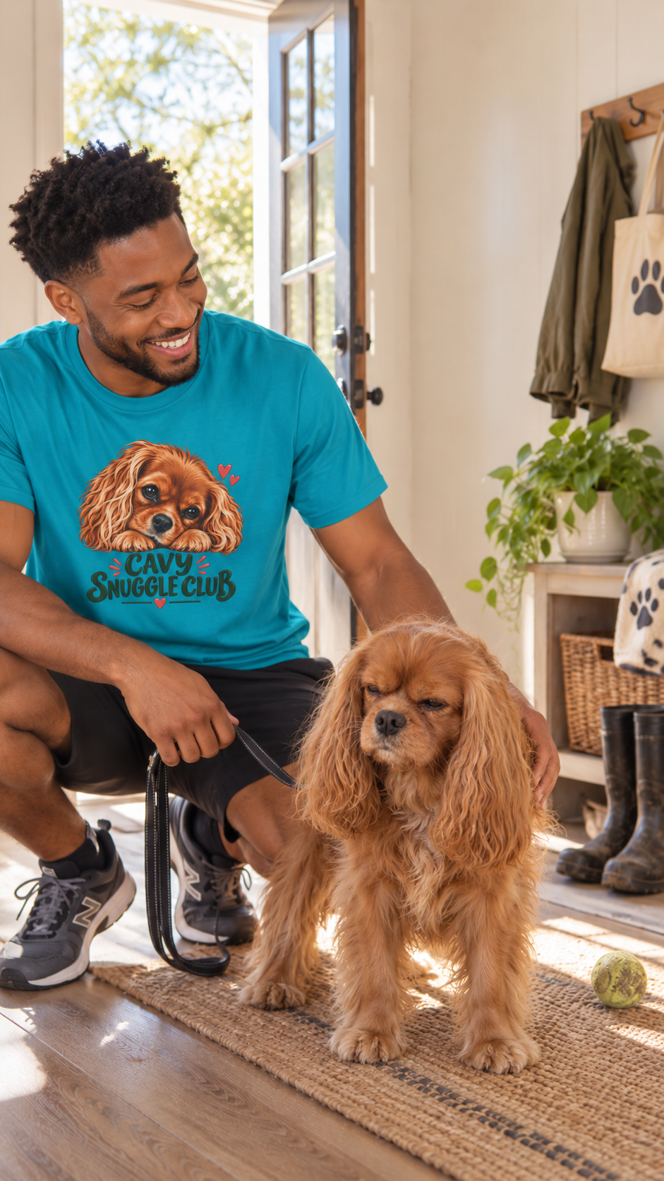 Model wearing the tropical blue Cavy Snuggle Club T-shirt featuring Willow, a ruby Cavalier King Charles Spaniel.