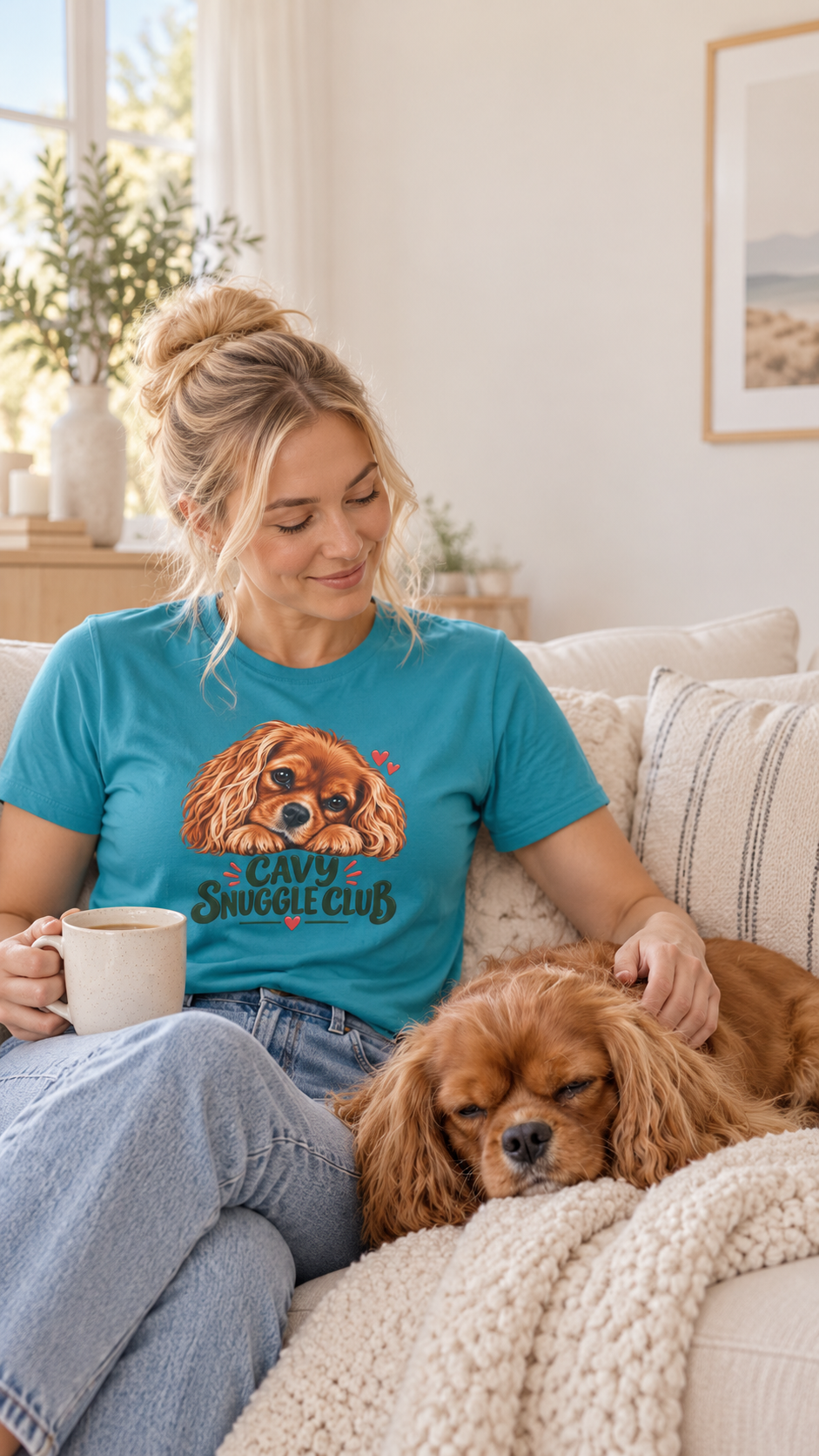 Model wearing the tropical blue Cavy Snuggle Club T-shirt featuring Willow, a ruby Cavalier King Charles Spaniel.