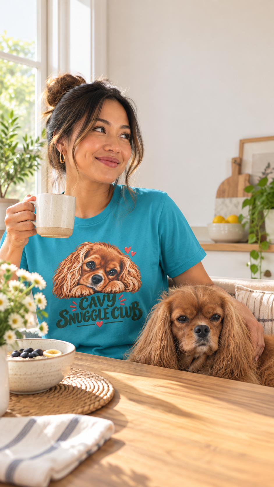 Model wearing the tropical blue Cavy Snuggle Club T-shirt featuring Willow, a ruby Cavalier King Charles Spaniel.