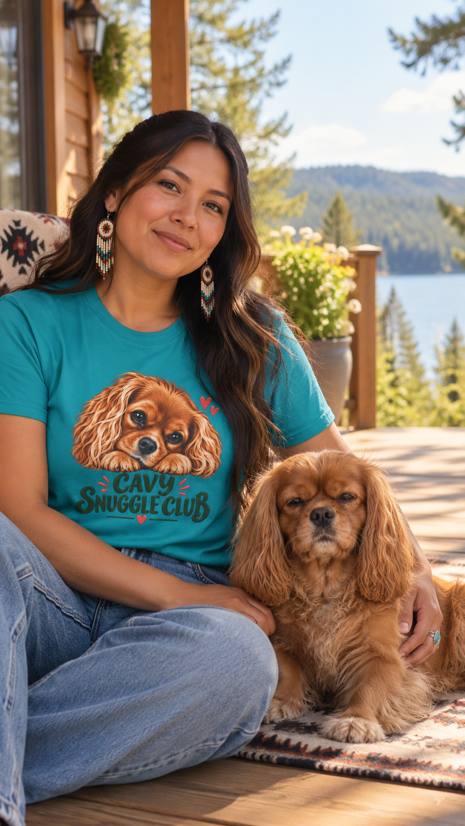 Model wearing the tropical blue Cavy Snuggle Club T-shirt featuring Willow, a ruby Cavalier King Charles Spaniel.